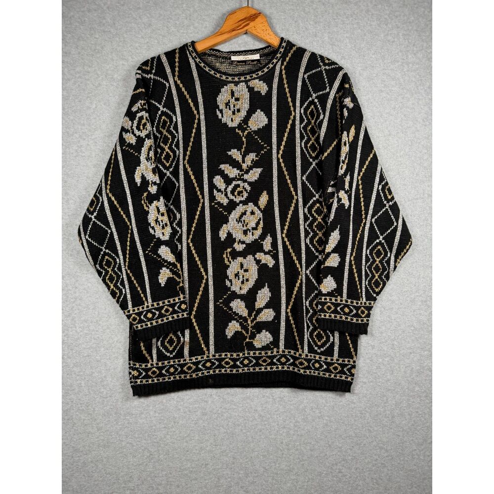 Vintage Dana Scott Black Gold Silver Floral Lurex Sweater Medium Made USA 3854